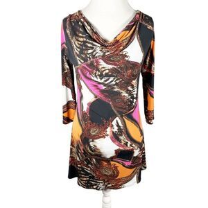Eva Varro Cowl Neck Art to Wear Colorful Paisley Tunic Top A-Line stretch Size S